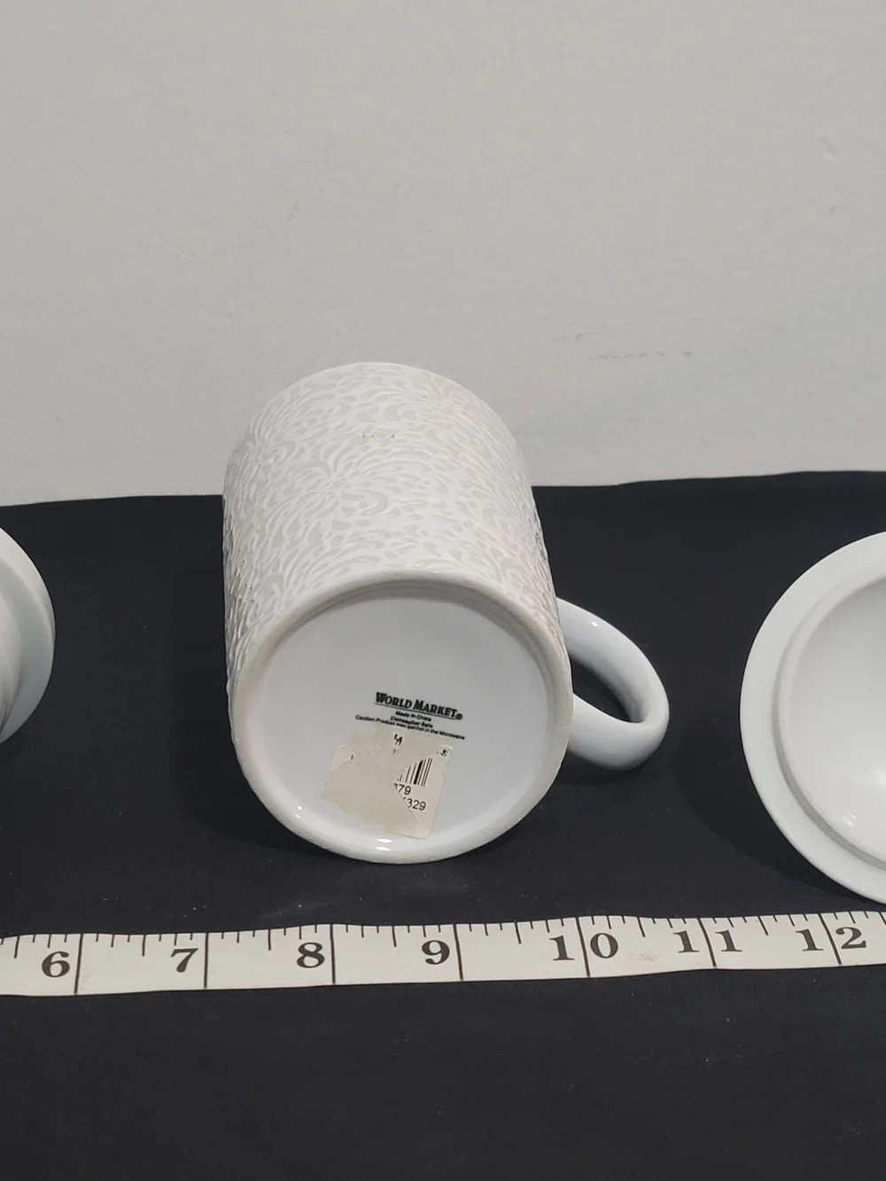 Cost Plus World Market White Embossed Ceramic Tea Strainer Mug with Lid
